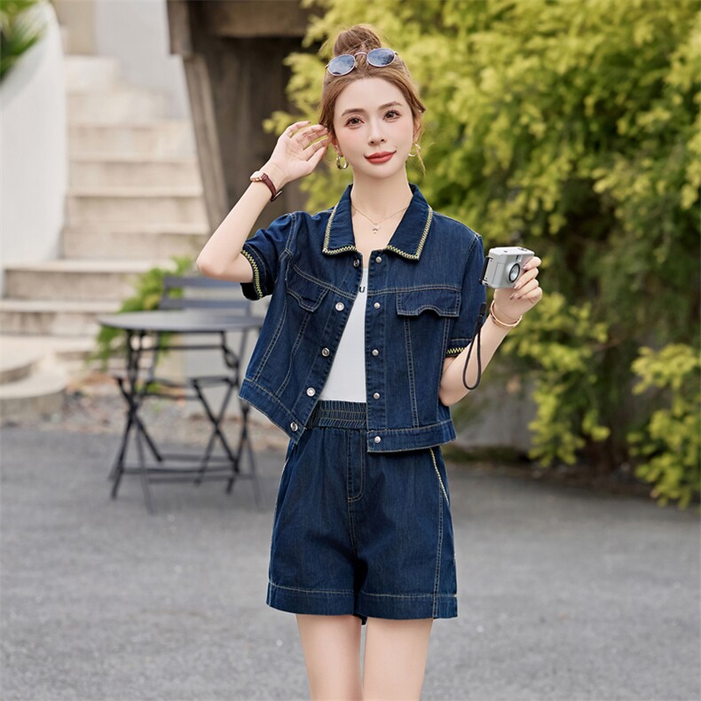 欧货牛仔套装2025夏季新款时尚宽松好穿短袖上衣短裤两件套潮款女,女装套装/套裙,意芙