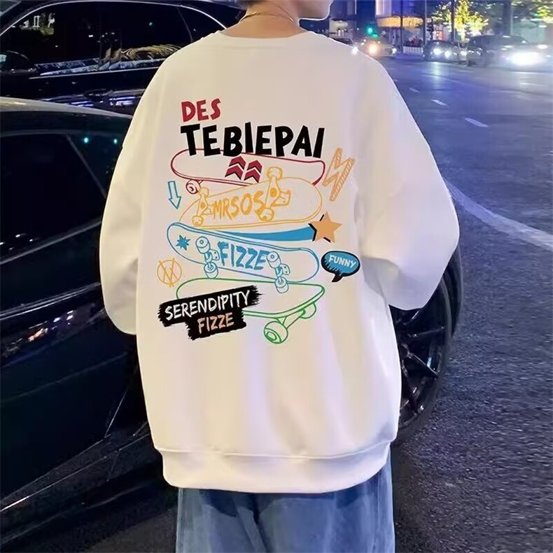 运动滑板印花圆领卫衣男春秋季长袖打底衫潮流美式宽松外套无帽款,男装T恤,星座506A