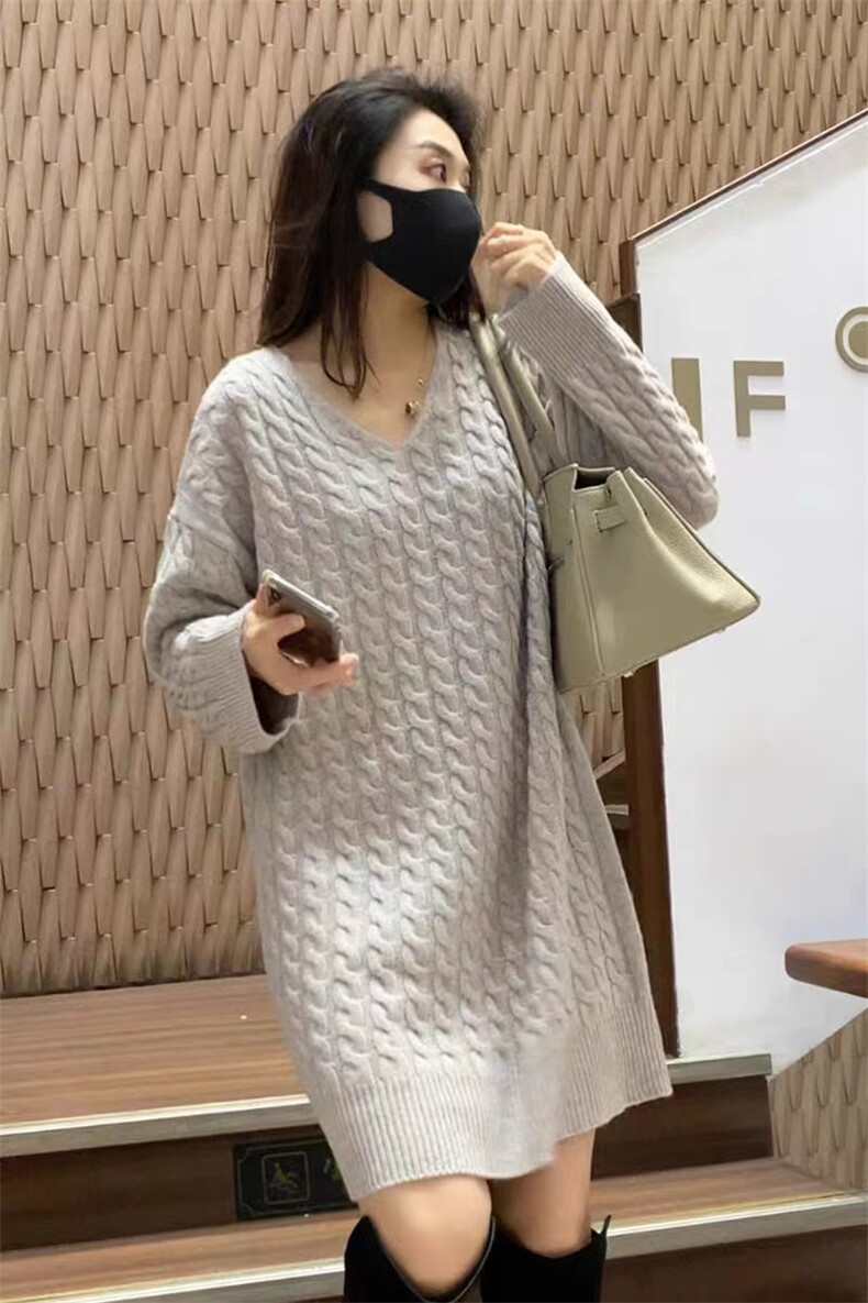 毛衣女羊绒衫新款加厚慵懒百搭法式复古麻花软糯针织连衣裙秋冬季,女装连衣裙,美莎羊绒