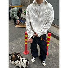 美式潮牌高街复古泡泡纱竖条纹日系肌理长袖衬衫男女休闲宽松衬衣，男装衬衫，电商A486