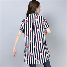 衬衫2025年夏季短袖中长款修身条纹时尚休闲舒适简约气质印花显瘦，女装衬衫，风姿绰