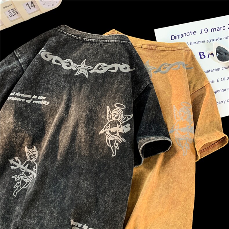 XZ213-T24-P45控58港风大码水洗做旧字母印花圆领短袖T恤,男装T恤,星座213
