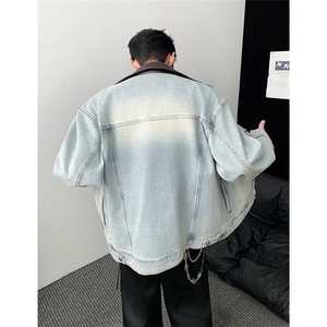 J49-P72 美式复古pu皮拼接牛仔外套男女春秋冬潮牌街头宽松图片