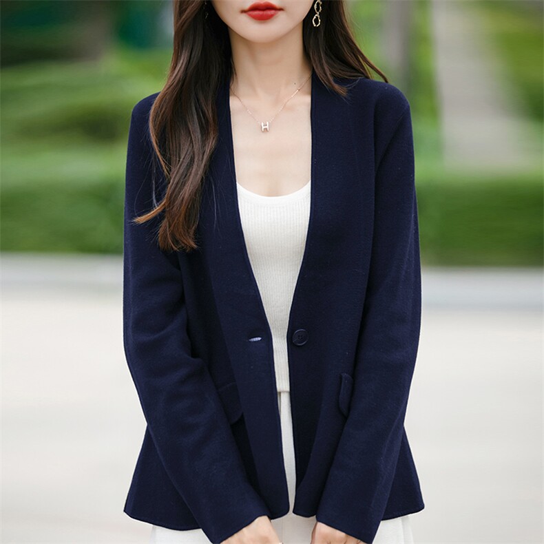 时尚百搭女士羊毛针织开衫简约优雅通勤商务外套,针织衫/毛衣,佳绒包芯纱店