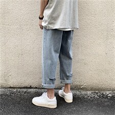 牛仔裤男直筒潮牌破洞乞丐裤ins痞帅裤子宽松超火九分裤N247-p35，男装牛仔裤，星座1008-1