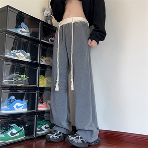 特批P35无差价秋季腰绳拼色卫裤男女时尚设计感抽绳阔腿长裤K1643图片