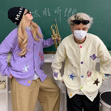 美式渐变纱刺绣字母条纹毛衣男圆领宽松慵懒风秋冬针织衫男，男装针织衫/毛衣，星座716-3