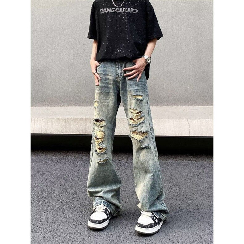 美式复古小众破洞牛仔裤高街设计感百搭情侣直筒裤KZ39118--TP40，男装牛仔裤，电商A247C