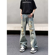 美式复古小众破洞牛仔裤高街设计感百搭情侣直筒裤KZ39118--TP40，男装牛仔裤，电商A247C