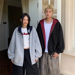 重磅高品质硬挺boxy26春装美式高街结构撞色拼接连帽卫衣开衫外套图片