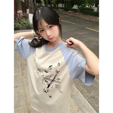 抖音得物品质二开240克宽松纯棉美式潮牌插肩三杠织带短袖T恤，男装T恤，电商A486