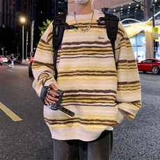 潮牌秋季情侣街头嘻哈宽松休闲彩色条纹外套毛衣NY05603-P52，男装针织衫/毛衣，星座308B-1