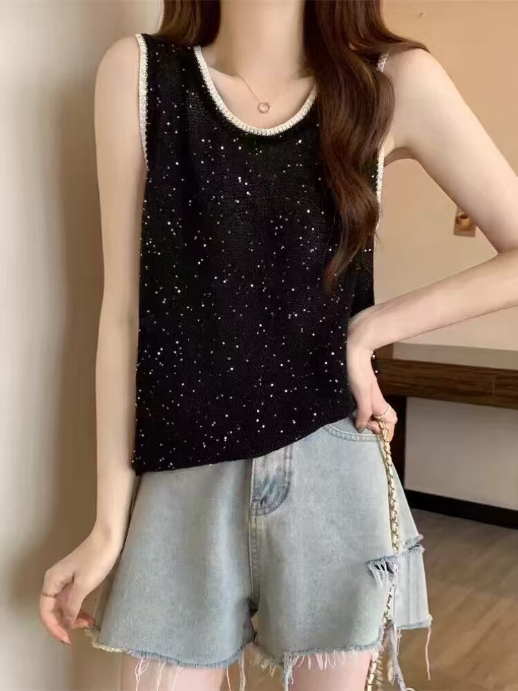 棉纱珠片拼色圆领无袖背心,女装T恤,艾米娇羊绒