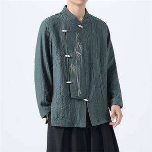 风（折枝金竹）棉麻混纺绣花木头扣大码宽松长袖衬衫男女款