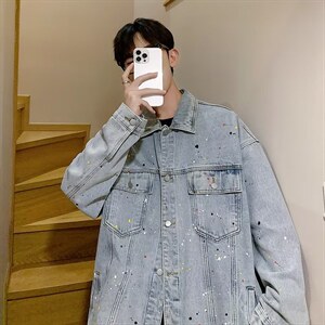 做旧工装夹克泼墨牛仔外套男春秋季港风学生宽松上衣 W3774-P68图片