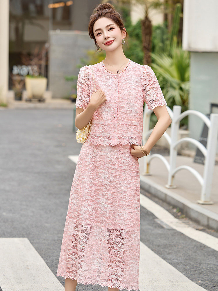 时尚套装女2026夏季新款妈妈装洋气减龄蕾丝拼接上衣半身裙两件套,女装套装/套裙,沁沁公主