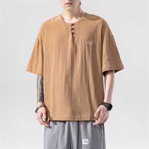 2021夏季新款日系大码男棉老鼠刺绣麻短袖亚麻风T恤T193-P30图片