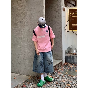 现货牛仔短裤男夏季潮牌痞帅炸街满印提花直筒显瘦阔腿五分裤子图片