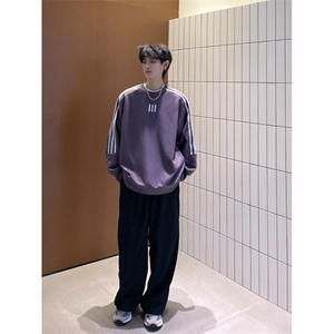 美式麂皮绒卫衣男复古条纹套头上衣宽松外套914-4-WY05-P55控68图片