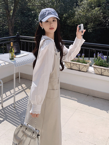 韩系减龄背带连衣裙套装女2025春新款高级感气质显瘦吊带裙两件套图片