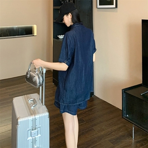 时尚个性休闲夏季新款套装女高级感时尚蓝色短袖短裤显瘦两件套潮图片