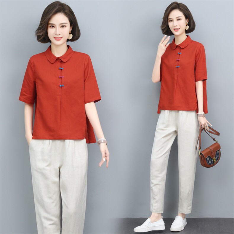 三年不下架2024年新款棉麻两件套中老年复古扣盘衬衫T恤小脚长裤，女装套装/套裙，璐依舞
