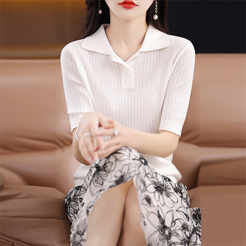 衬衫领短袖t恤女士夏装新款韩版宽松百搭薄款针织衫短款图片