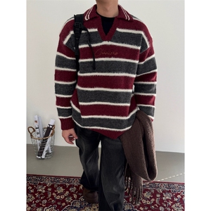 JY299-P59 高街条纹撞色v领针织衫翻领毛衣男潮流宽松 网图图片