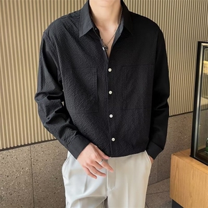 新潮颗粒感面料纯色翻领衬衫韩风高级感长袖男士衬衣薄外套 C905图片