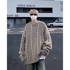潮韩系高级感拼色竖条纹圆领针织衫男女宽松春秋季复古青少年毛衣，男装针织衫/毛衣，星座218-1（原230）