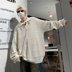 镂空钩花慵懒感翻领套头针织上衣2025秋季新品韩系针织衫，男装针织衫/毛衣，星座1210-1