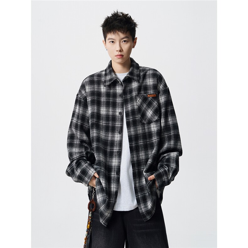 美式复古加厚格纹衬衫大码宽松慵懒风长袖衬衣磨毛外套CS9006/P58图片