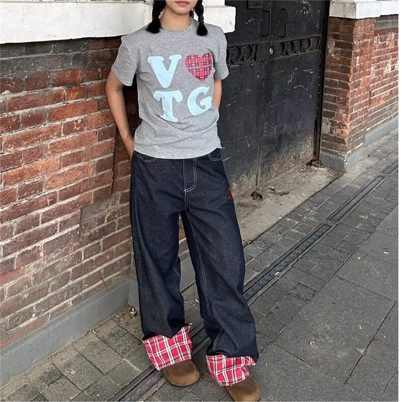 DN0084-特P45美式格子拼接卷边牛仔裤男女阔腿情侣长裤-网图现货,男装牛仔裤,星座603-2