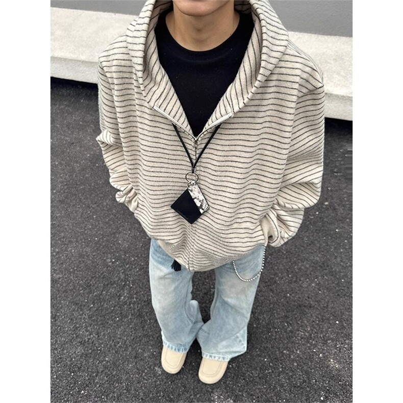 美式复古条纹连帽卫衣男款秋季开衫cleanfit情侣外套WW301-特P75,女装短外套,星座1007（原301D）