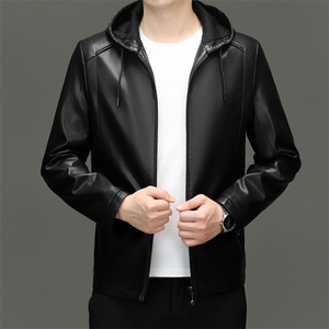 男士皮衣新款秋冬宽松连帽机车上衣服休闲皮夹克外套男(加绒145图片