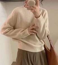 秋季新款女士宽松显瘦纯色羊毛衫马鞍肩设计百搭套头毛衣，女装羊毛衫，恒恩羊绒