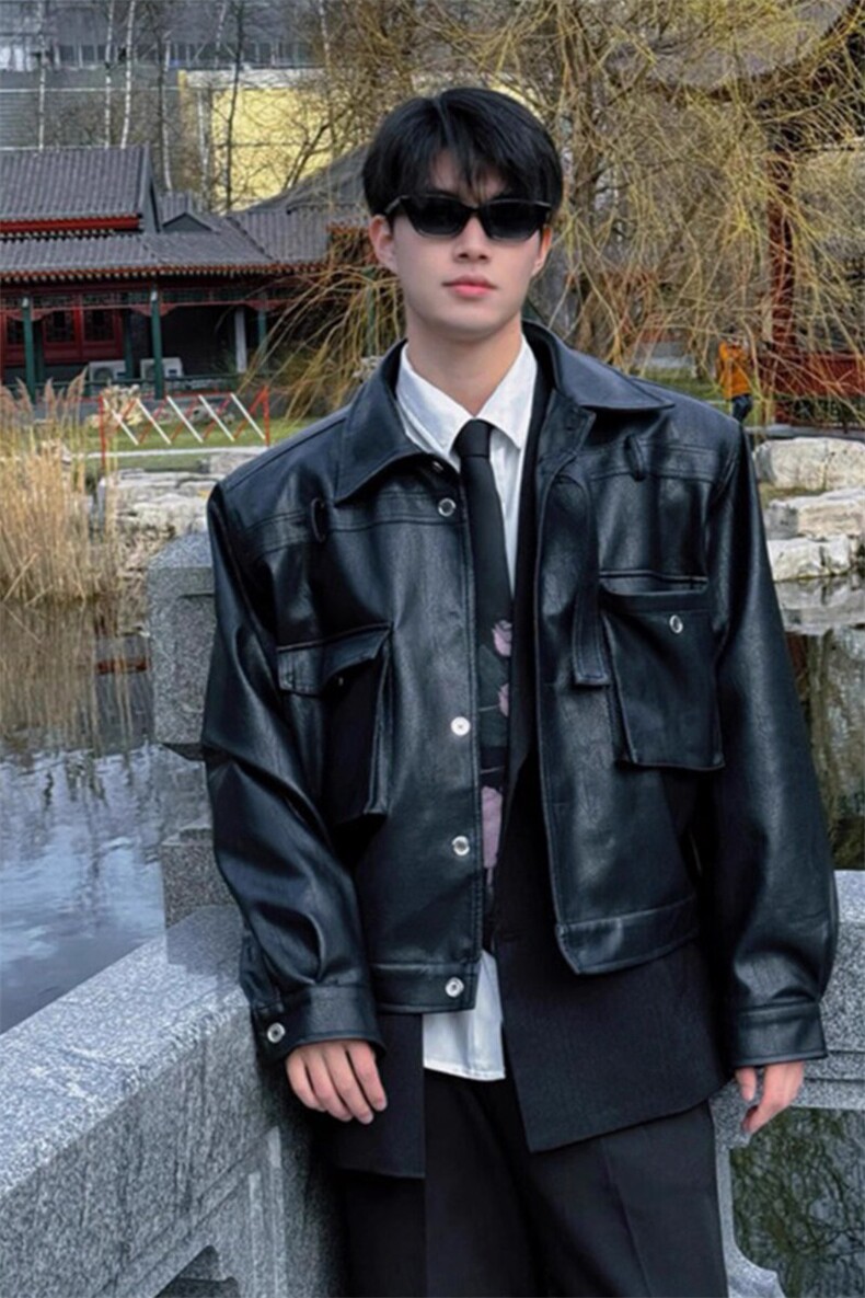 潮牌痞帅短款皮衣夹克韩版潮牌骑行机车服上衣外套JK636特P80,男装夹克,星座908-1