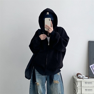 抖音得物二开 秋冬美式高街重磅结构高领拉链连帽卫衣外套W93图片
