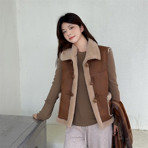 美拉德咖加厚仿皮毛一体麂皮绒羊羔毛马甲外套女2025秋冬新款马夹图片