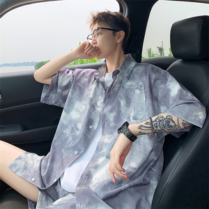 2025美式扎染印花冰丝凉感短袖衬衫薄套装 TZ3456/特P45 灰色2图片