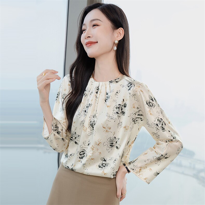 粉色印花高级春装新款真丝衬衫女洋气真丝套头圆领长袖上衣,女装衬衫,阿舍尔精品