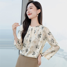 粉色印花高级春装新款真丝衬衫女洋气真丝套头圆领长袖上衣，女装衬衫，阿舍尔精品