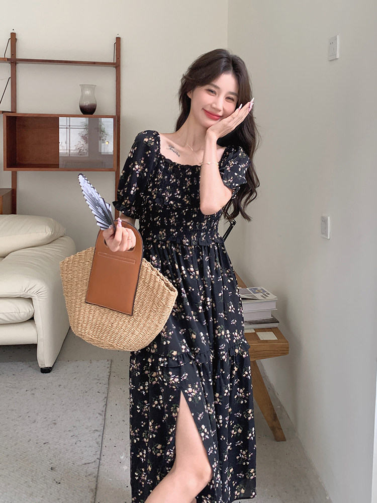 黑色茶歇法式碎花连衣裙女2025年夏季新款高级感收腰显瘦开叉长裙,女装连衣裙,浪娴服饰