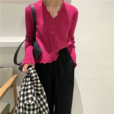 秋季新款舒适显瘦时尚百搭荷叶边针织开衫，女装羊毛衫，恒恩羊绒