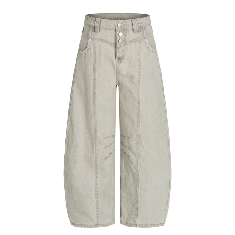 1506/QB2130/P61排扣设计感压褶阔腿宽松拖地白色弯刀裤微喇潮,男装休闲裤,星座1506