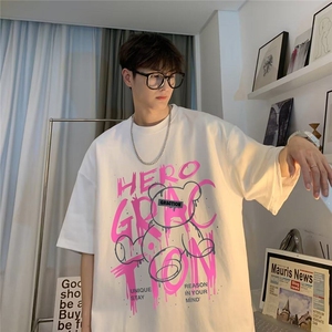 现货字母印花短袖t恤男夏季2025新款潮流复古hiphop五分袖图片