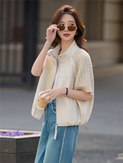 2026年春季新款小众设计时尚百搭休闲立领拼接针织短袖马甲短外套，女装短外套，深水步