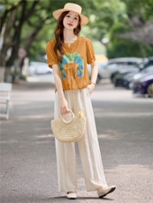 时尚套装女装2025夏季新款短袖上衣阔腿裤妈妈休闲穿搭减龄两件套，女装套装/套裙，依万里