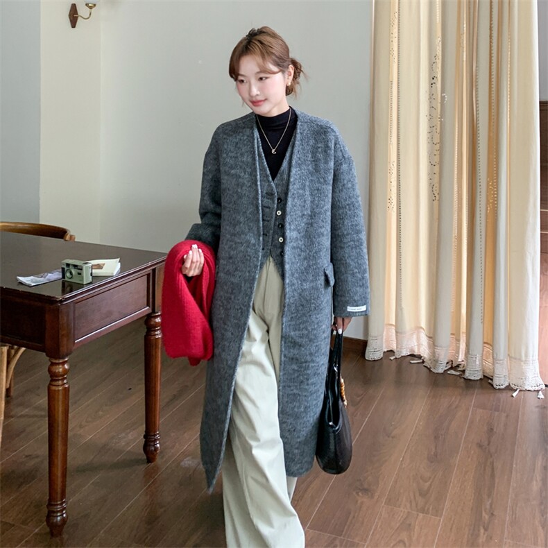 新品灰色假两件长款双面羊毛大衣1C045-H3528P295K438,女装毛呢外套,红龙果