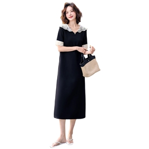 设计感时尚长款连衣裙女夏季新款显瘦纯色蕾丝拼接短袖连帽休闲裙图片